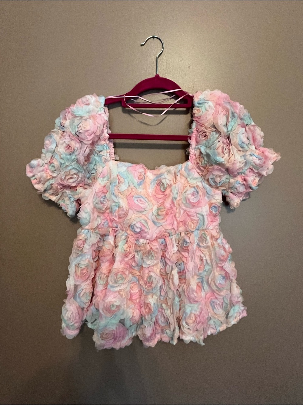 fab'rik Pastel Pink Blue Floral Rosette Puff Sleeve Top